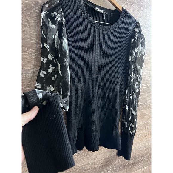 DKNY Women's Black White Striped Sheer Sleeve Sweater sz L Work Elegant - Picture 2 of 6